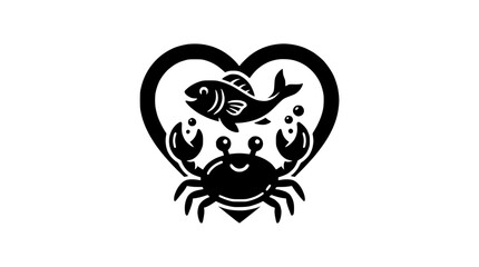 Fototapeta premium Heart shape with fish and crab illustration.