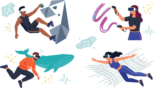 Virtual Reality VR Experience Character Set with People Rock Climbing, 3D Painting, Underwater Whale Diving, and Simulated Flight Gaming