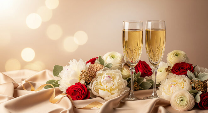 Elegant champagne toast still life with crystal glasses, floral accents and warm bokeh background with copy space