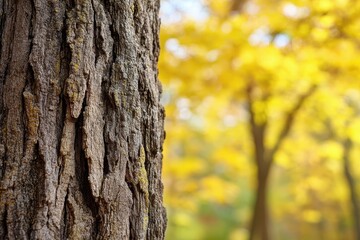 Fototapeta premium Rugged tree bark detail against a soft blur of yellow fall foliage