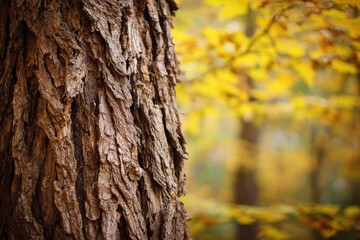 Fototapeta premium Texture-rich bark of a hickory tree with warm yellow fall foliage behind