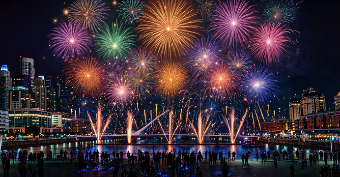 Cielo nocturno iluminado por un vibrante espect&aacute;culo de fuegos artificiales multicolor sobre un puerto urbano moderno con siluetas de edificios y gente.