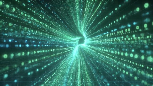Glowing streams of binary digits forming a digital tunnel in a neon style on a dark background, conveying a concept of data flow