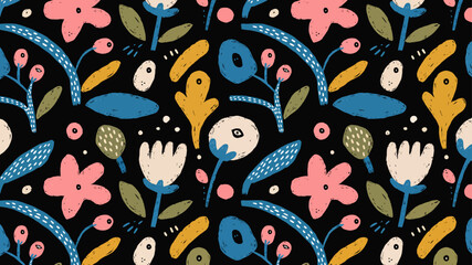 Naklejka premium Creative seamless floral pattern with abstract flowers, leaves and organic shapes, perfect for fabric prints, stationery and surface design projects.