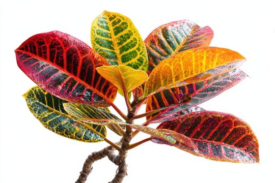 Vibrant croton plant with multicolored leaves isolated on a white background