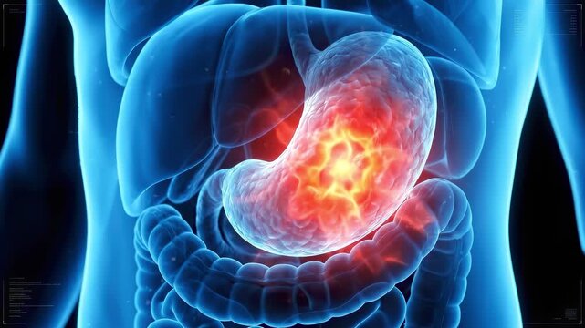 3D render of human stomach with glowing red ulcer inside translucent blue abdominal anatomy