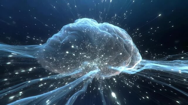 Abstract glowing brain form with swirling light lines in digital style on dark background, concept of intelligence and ideas
