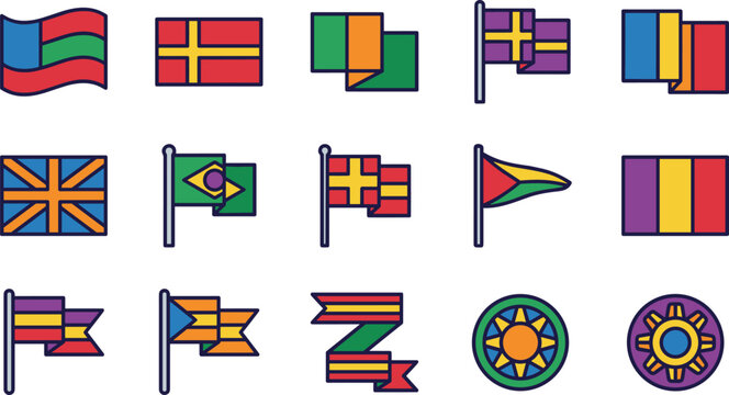 World flags vector line icons collection featuring flat colorful national banners pennants geometric symbols ribbons and badges isolated on a white background.