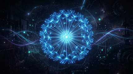 Obraz premium Futuristic glowing blue dandelion sphere in cosmic background