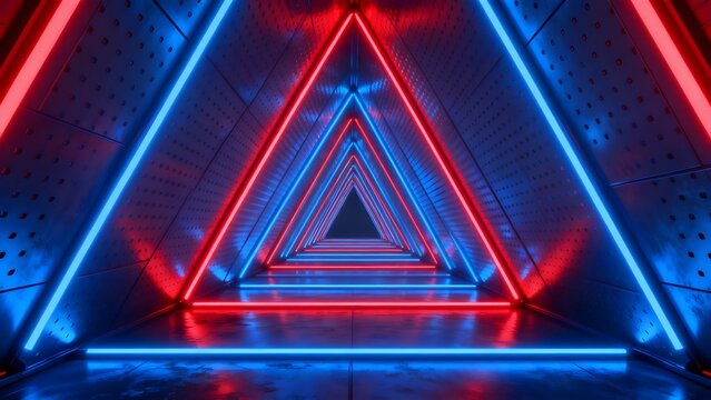 Neon triangle tunnel with red and blue lights