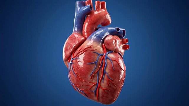 Realistic 3D render of a beating human heart isolated on solid blue background