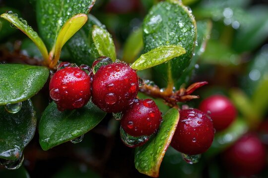 Macro close-up of wintergreen plant with red berries and raindrops on glossy evergreen leaves