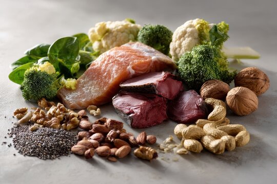Nutrient-dense foods display: seafood, greens and nuts rich in coenzyme Q10