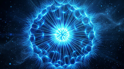 Obraz premium Neon blue dandelion bloom with glowing particles flying