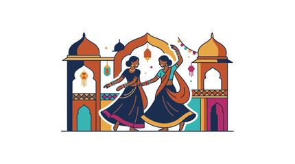 Obraz premium Teej Festival Celebration Illustration with Traditional Indian Women Dancing