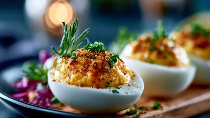 Gourmet deviled eggs with herbs, spices, and dill on a wooden board, ideal for appetizer, brunch, catering, and savory food concepts © Aliaksandra