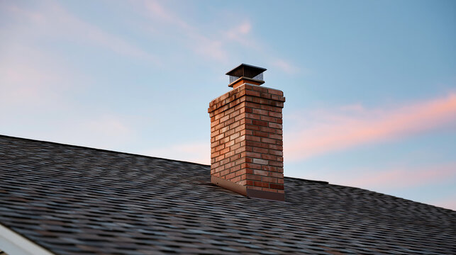residential house roof featuring brick chimney and shingles representing traditional architecture and home exterior construction