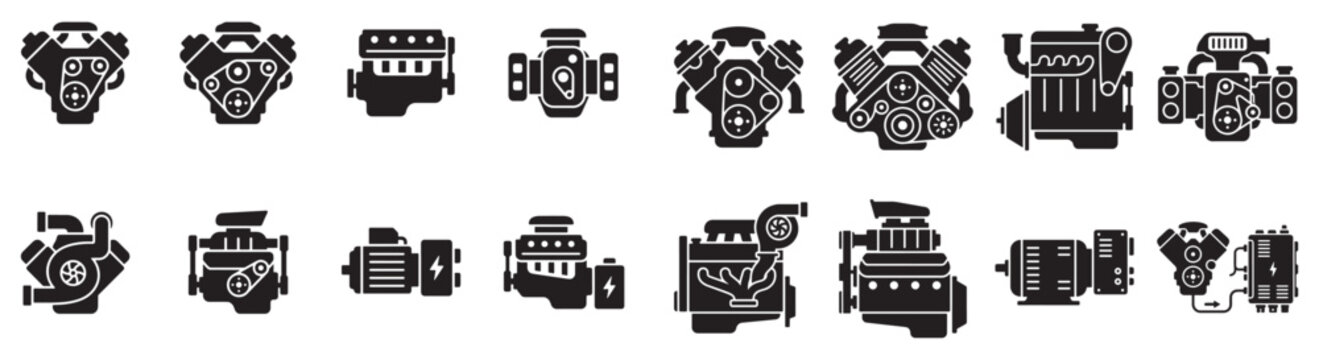Set of Engine Icons and Car Motor Silhouettes Vector Collection for Automotive Design and Technical Illustration