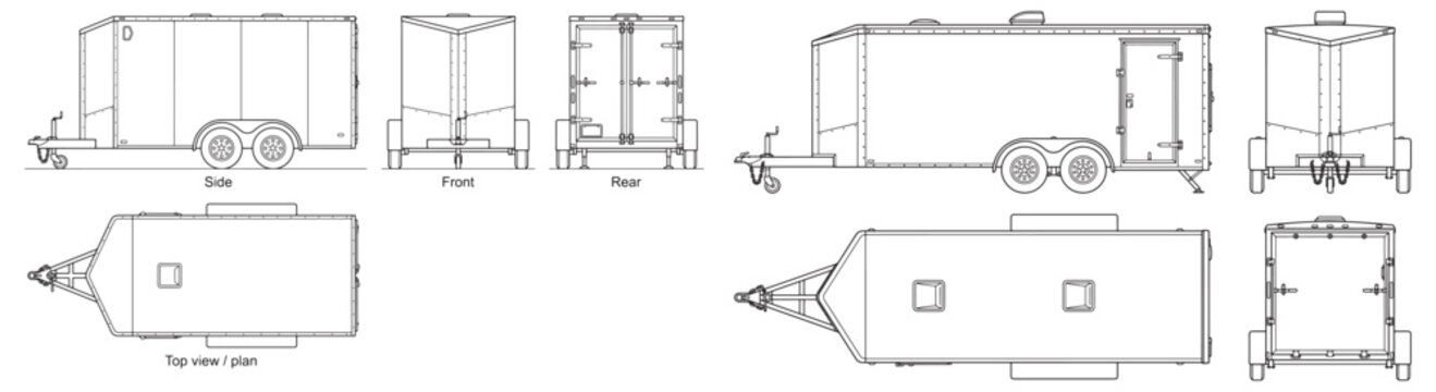 Enclosed Cargo Trailer Technical Blueprint With Multiple Orthographic Views and Exterior Details