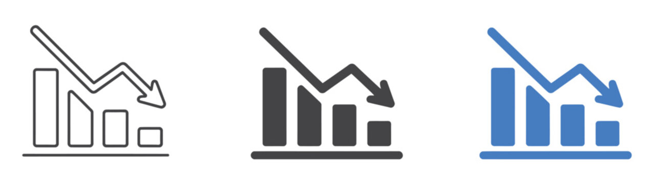 Bar Chart with Downward Arrow Icon Representing Market Downturn, Performance Decline, Statistical Reports, and Analytics Metrics, vector design