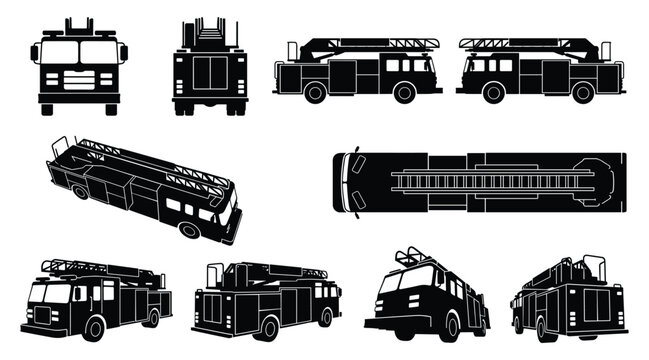 Classic Fire Engine Ladder Truck Silhouette Set Showing Front, Side, Rear, and Top Views of Firefighting Apparatus on White Background
