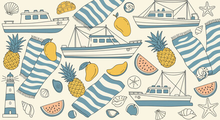 Naklejka premium Nautical Summer Collage: Boats, Fruit, Beach Towels, Seashells, Lighthouse