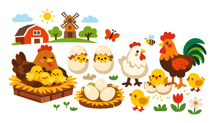 Fototapeta premium Mother hen watching chicks, rooster crowing, eggs nestled, barn standing, windmill turning