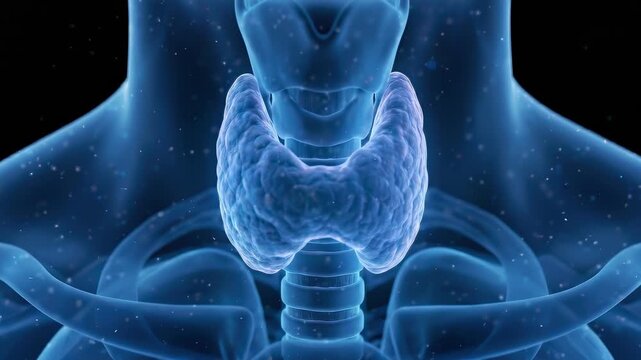 Glowing red inflamed thyroid gland transitioning to healthy blue within translucent human neck anatomy