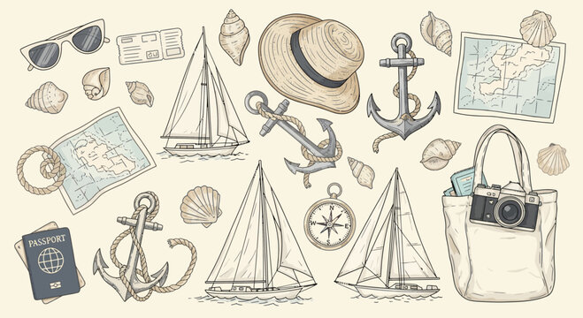 Nautical Voyage Travel Elements: Sailboats, Anchors, Sun Hat, Map, Passport