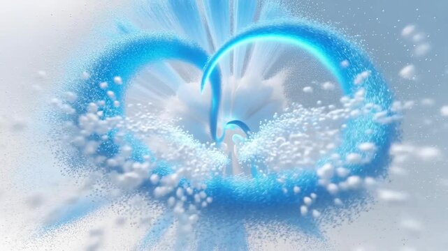 Bright blue swirling energy shapes exploding outward in a soft abstract style on a light background, conveying motion and energy