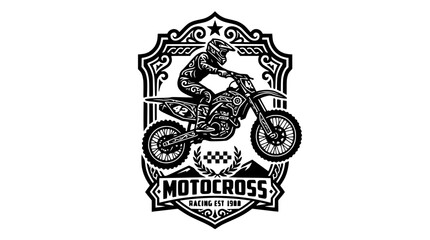 Vintage motocross racing emblem with biker silhouette. © gerrymurniawan