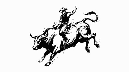 Minimalist ink drawing of a cowboy riding a bull © gerrymurniawan