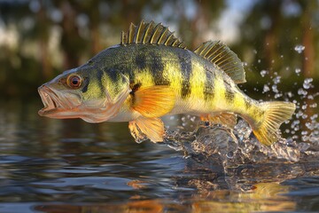 Obraz premium Yellow perch leaping from sunlit lake with spray in a dramatic 3D rendered scene