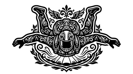 Detailed skydiver emblem with ornate decorative wings and frame. © gerrymurniawan