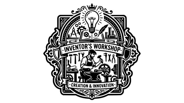 Vintage inventor workshop emblem with lightbulb and tools.