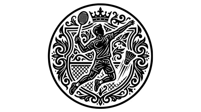 Ornate circular emblem featuring a tennis player silhouette