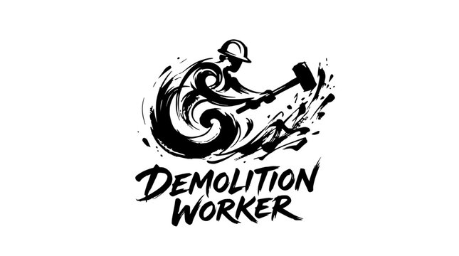 Dynamic demolition worker silhouette swinging a large hammer.