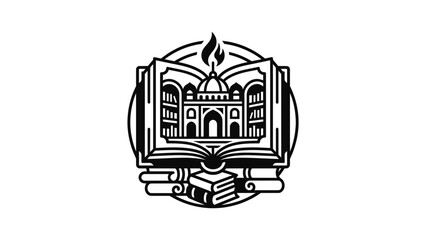 Fototapeta premium Open Book Emblem with Dome Building and Flame Symbolizing Knowledge