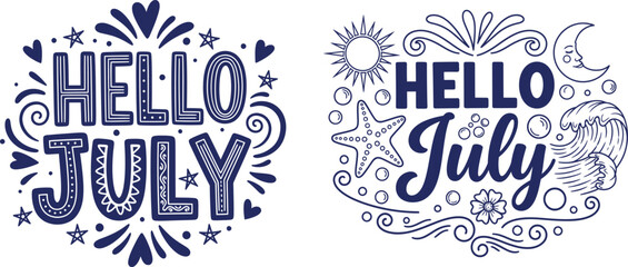 Two navy blue hello July designs with decorative elements on a transparent background © RAC.Design-Magic