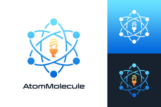 An atomic structure logo design featuring a light bulb or bulb in the center. This conceptual graphic symbolizes scientific innovation, sustainable energy solutions, and the power of new ideas in atom