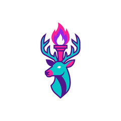 Naklejka premium Stag head illustration with flaming torch between its antlers.