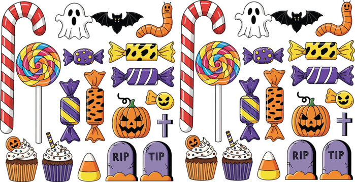 Halloween candy and spooky treats collection set with halloween lollipop illustration collection celebration tombstone colorful elements confectionery seasonal decoration