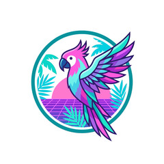 Fototapeta premium Synthwave parrot mascot in a retro sunset circle frame.