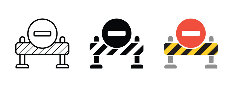 Barrier Stop Sign Icon Set for Road Closure, Construction Zones, Traffic Control, Restricted Access, and Safety Signage, vector design