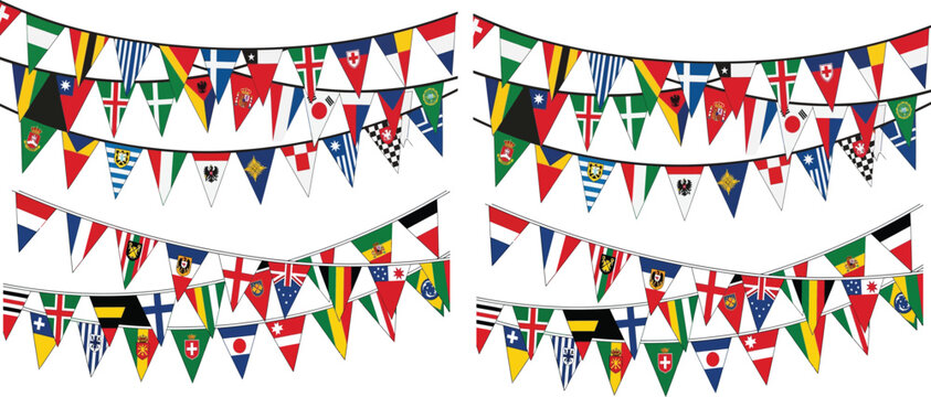 International decorative pennant flags garland bunting with international celebration decoration festival triangular colorful ornament identity community gathering celebrate illustration