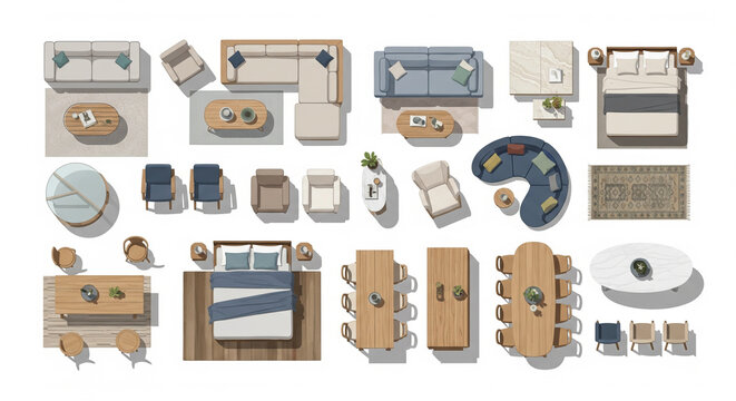 Top-view 2D interior assets focusing on bedroom sofas, chairs, tables, and storage units for floor plans and renovation layouts