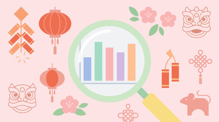 Obraz premium Magnifying glass over business charts with Chinese New Year symbols.