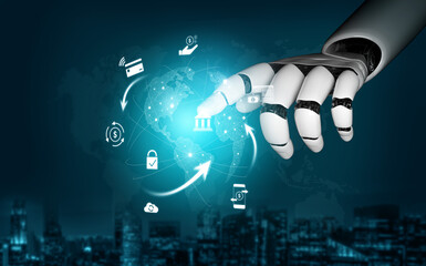 Obraz premium AI managing digital payment network, verifying transactions, enhancing security, and processing global financial transfers through connected platforms. Vouch