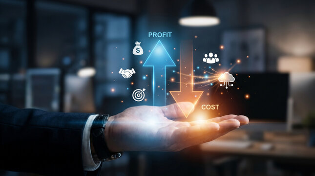 Businessman hand displaying glowing holographic profit growth arrow pointing up and cost reduction arrow pointing down representing financial success management and corporate strategy goals.
