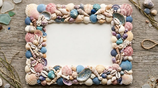 Beautiful seashell frame with a blank center on a rustic wooden surface